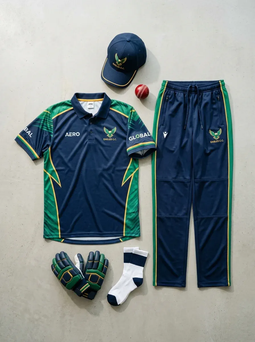 Cricket kit on a player or flat lay